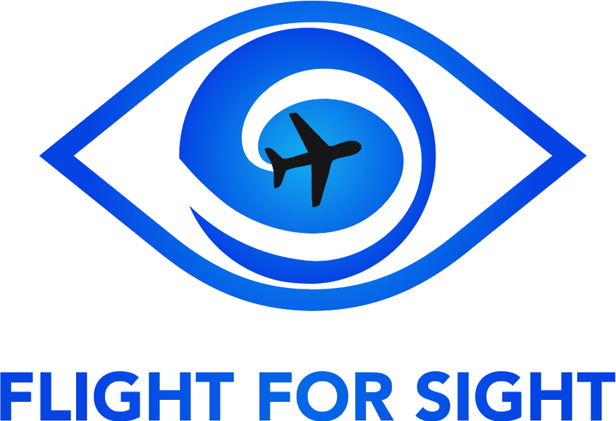 Flight for Sight Logo: Blue line art in the shape of an eye, the iris is a blue spiral and at the center is a small black airplane.