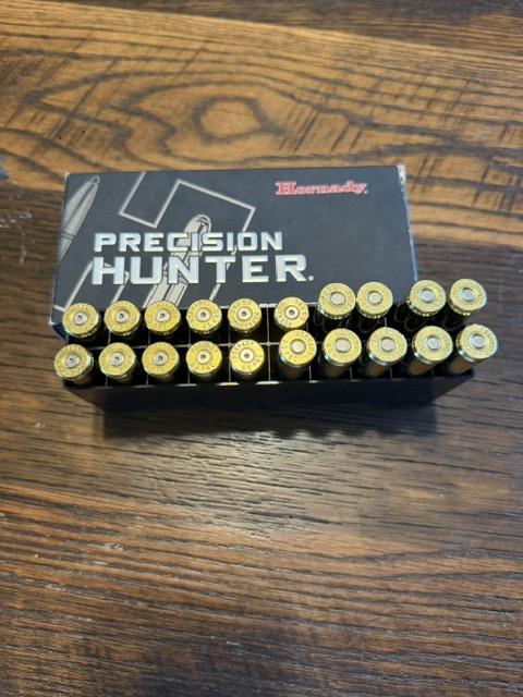 The image shows a box of Hornady Precision Hunter ammunition containing 20 cartridges. The box is dark gray with white and red text. Next to the box, there is a plastic tray holding nine brass cartridges with visible primers.